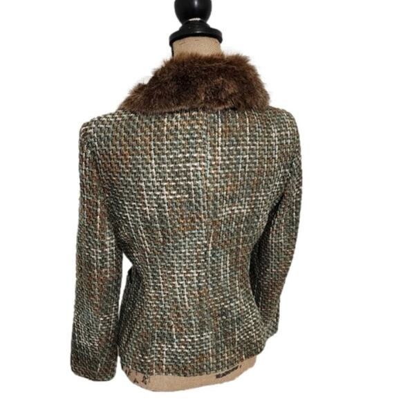 KASPER Brown and Green Tweed Faux Fur Collar Fitted Tailored Blazer Jacket 10P - Picture 12 of 14